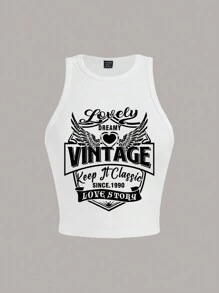 Slaydiva Women Vintage Letter Print Tight Fitted Sleeveless Crop Tank Top, Casual Summer, Cotton Blend