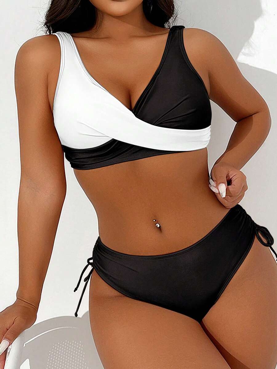 SHEIN Women's Summer Beach Colorblock Crossed Chest Sexy Bikini Set