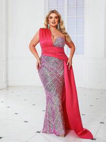 Plus Size Rose Red Ribbon Dress - Hot Pink - View 1