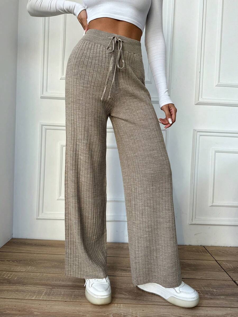 EURMUSE Drawstring Waist Ribbed Knit Pants - Khaki - View 1