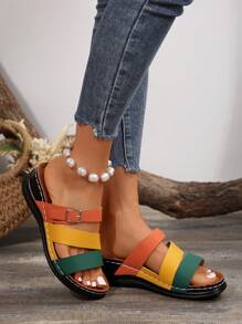 Summer New Colorblock Splicing Open Toe Sandals, Metal Buckle Decor, Platform Wedge Heel Design, Criss-Cross Hollow Breathable Upper, Fashionable Casual Vacation Versatile Sandals For Women - Màu vàng - Xem 2