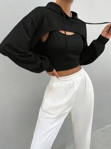 Cottnline Solid Crop Drawstring Hoodie & Cami Top - Black - View 4