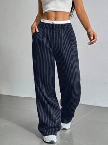 SHEIN EZwear Geplooide, gestreepte damespantalon met wijde pijpen en kleurbloktailleband