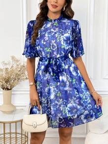 SHEIN Clasi Abito stampato floreale blu per donne in stile Bridgerton - Blu - Visualizzare 6
