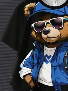 SHEIN Leap Crew 適合夏季的少年男孩休閒卡通熊圖案短袖圓領2入組， - 黑色 - 查看 3