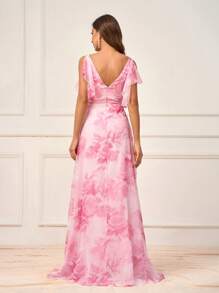 SHEIN Belle Women's Pink Elegant Spring Wedding Formal Bridesmaid Dress, Large Flower Print Ultra-Soft Gauze,Pleated V-Neck Asymmetrical Ruffle Sleeves - Pink - View 4