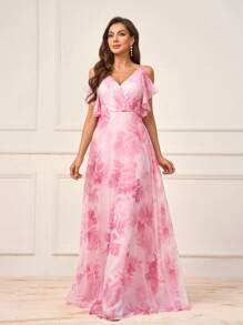 SHEIN Belle Women's Pink Elegant Spring Wedding Formal Bridesmaid Dress, Large Flower Print Ultra-Soft Gauze,Pleated V-Neck Asymmetrical Ruffle Sleeves - Pink - View 8