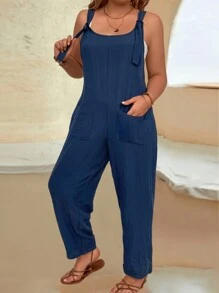SHEIN LUNE 女裝大碼純色背帶口袋休閒連身褲,夏季必備 - 藏蓝色 - 查看 5