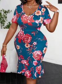 SHEIN Clasi Plus Size Summer Elegant Flower Printed Bodycon Dress With Ruffle Hem - Multicolor - View 3