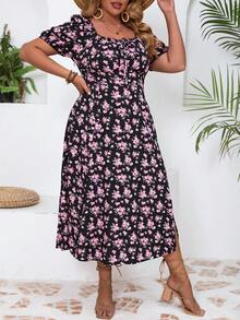 SHEIN VCAY 大尺碼女性時尚夏季甜美印花收腰分開式裙子 - 粉色 - 查看 6