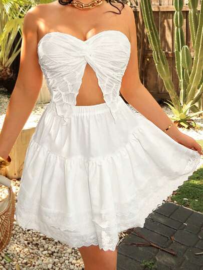 SHEIN SXY Holiday Leisure Solid Color Ruffled Lace Skirt Summer Vacation Holiday Beach BOHO Y2k  Women Outfit