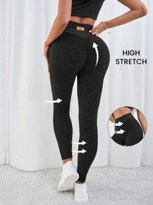 SHEIN Essnce Women High Waist Letter Patched Butt Lifting Ruched Sports Leggings - Black - View 2