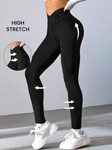 SHEIN EZwear Quần legging đen eo chồng chéo - màu đen - Xem 2