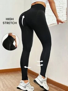 SHEIN EZwear 素色寬腰帶緊身打底褲 - 黑色 - 查看 2