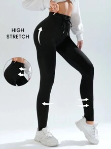 SHEIN EZwear 素色腰部抽繩緊身打底褲 - 黑色 - 查看 2