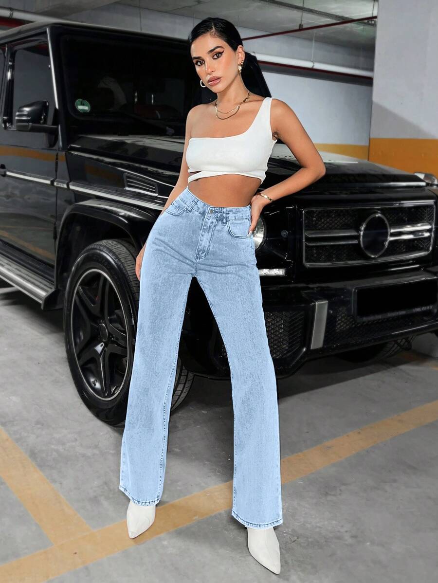 RueChic High Waist Straight Leg Jeans - Baby Blue - View 1