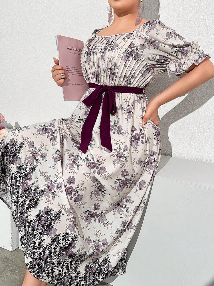 Plus Size Floral Ina Lake Style Belted Short Sleeve Dress, Summer Elegant