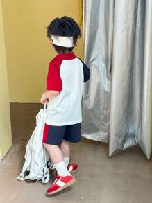 Young Boy Stylish Color-Block Short Sleeve Polo Shirt And Shorts Set - Multicolor - View 4