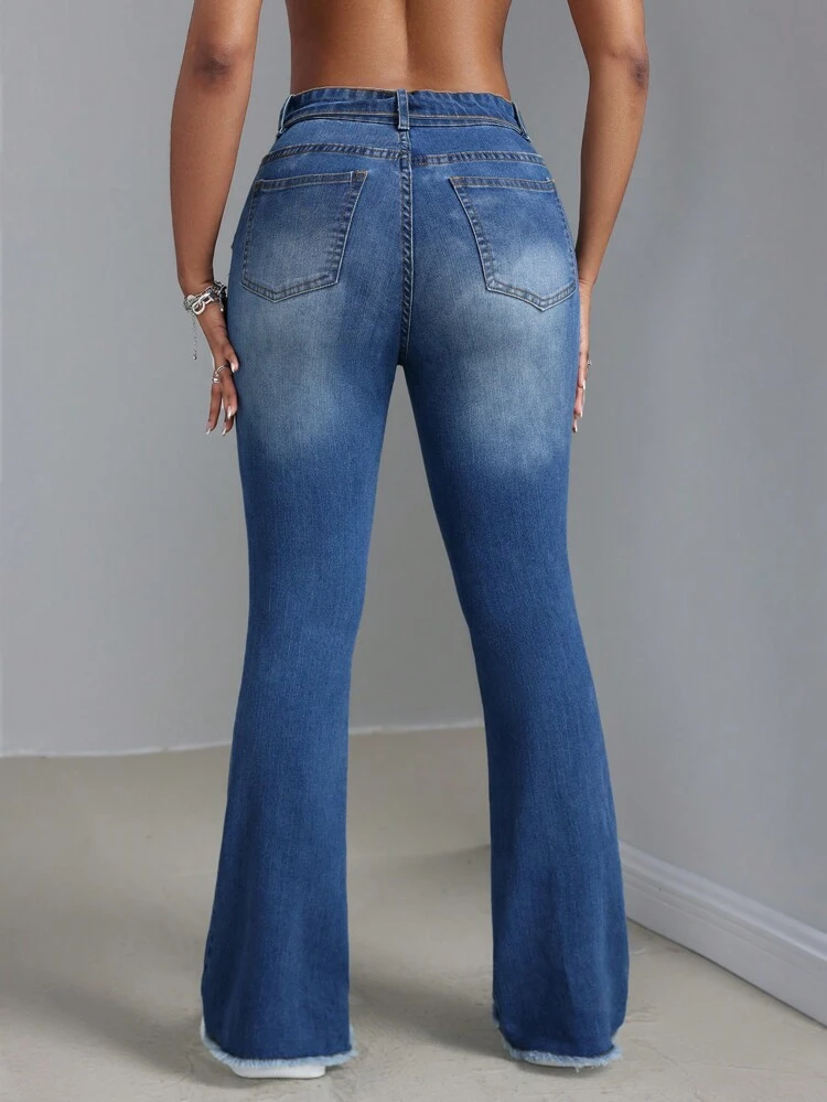 Women's High Waist Cross-Over Frayed Hem Flared Jeans