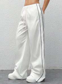 SHEIN EZwear Color Block Drawstring High Waist Wide Leg Cargo Pants For Sports & Casual Outfits - White - View 1