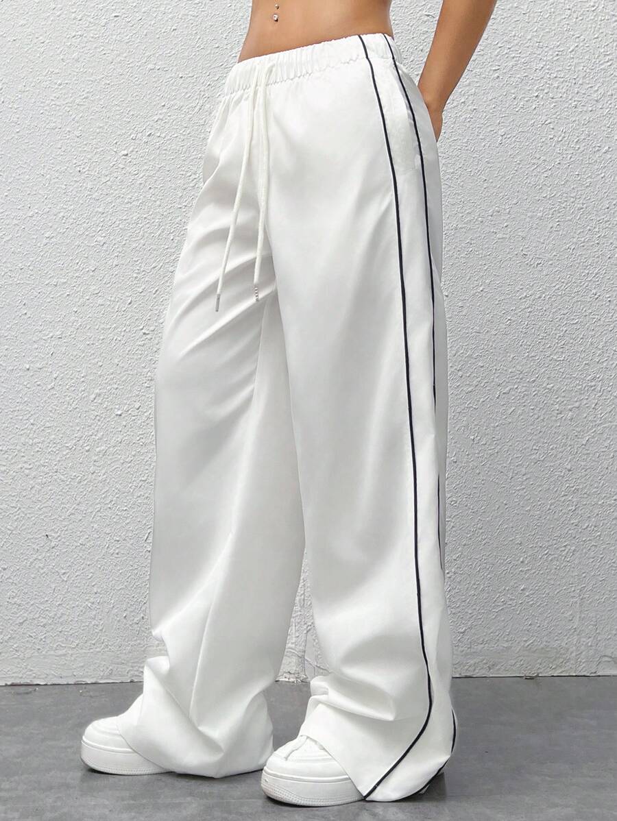 SHEIN EZwear Color Block Drawstring High Waist Wide Leg Cargo Pants For Sports & Casual Outfits - White - View 1