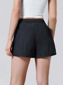 LYSMO Drawstring Waist Solid Shorts - Black - View 2