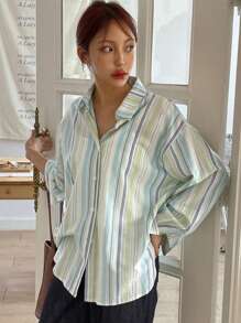 DAZY Áo sơ mi dài tay cổ bẻ thoáng khí kẻ sọc cho nữ, trang phục công sở thường ngày, xuân/hè - màu xanh lá - Xem 6