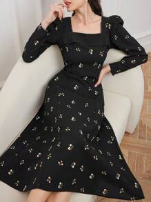 Modelyn Ladies' Floral Printed Long Sleeve Square Neck Modest Dress - Black - View 1