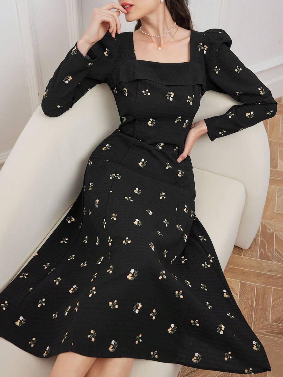 Modelyn Ladies' Floral Printed Long Sleeve Square Neck Modest Dress - Black - View 1