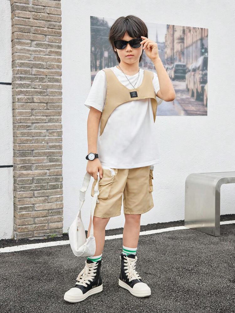 Tween Boy 2pcs Casual Short Sleeve Colorblock Top And Work Shorts Set, Summer