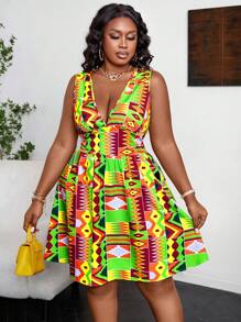 Maweii Plus Size Women's Fashionable V-Neck Geometric Printed A-Line Tank Dress For Summer - Multicolor - View 3