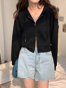 Sweatshirt Hoodie Pendek Wanita Motif Warna Polos dengan Resleting Ganda, Pakaian Luar Musim Dingin Tipis, Musim Gugur, Sweatshirt Resleting Hitam Gaya Y2K, Cocok untuk Pemakaian Sehari-hari dan Kembali ke Sekolah - Hitam - View 7