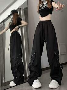 Women's Strap Pocket Cargo Pants - Black - View 5