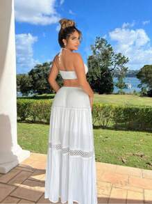 SHEIN SXY Vestidos largos para mujeres, vestido blanco con costura de encaje en el dobladillo para ropa de mujer de vacaciones en la playa - Blanco - Ver 4