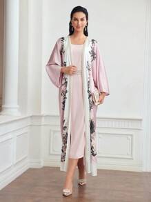 MOTF PREMIUM CASACO FLORAL DE MANGA BARRA EM BLOCO DE COR E VESTIDO DE CINTURA DE PÉROLAS FALSAS E BARDA FLARE - Rosa empoeirado - Visão 4
