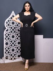 Modelyn 女士优雅纯色褶皱下摆连衣裙，适合夏季长款晚礼服 - 黑色 - 查看 1