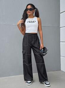 SHEIN 青少女黑白拼色短款背心和寬鬆休閒貨物褲套裝 - 黑與白 - 查看 5