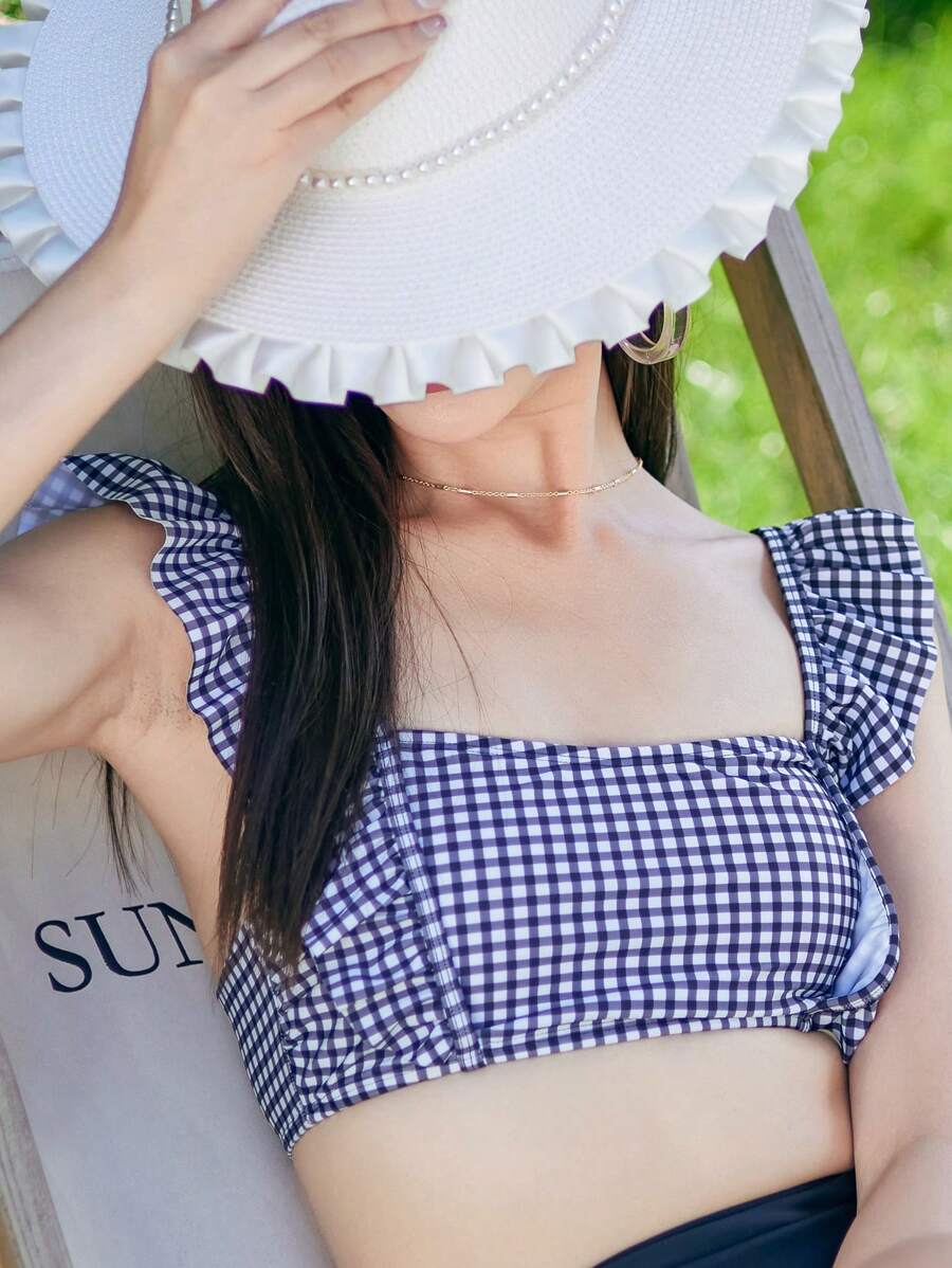 DAZY 女士夏季海滩格纹荷叶边泳衣上衣 - 黑與白 - 查看 1