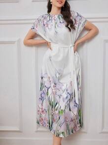 Seusyu 女士優雅花卉印花蝙蝠袖夏季連衣裙 - 白色 - 查看 1