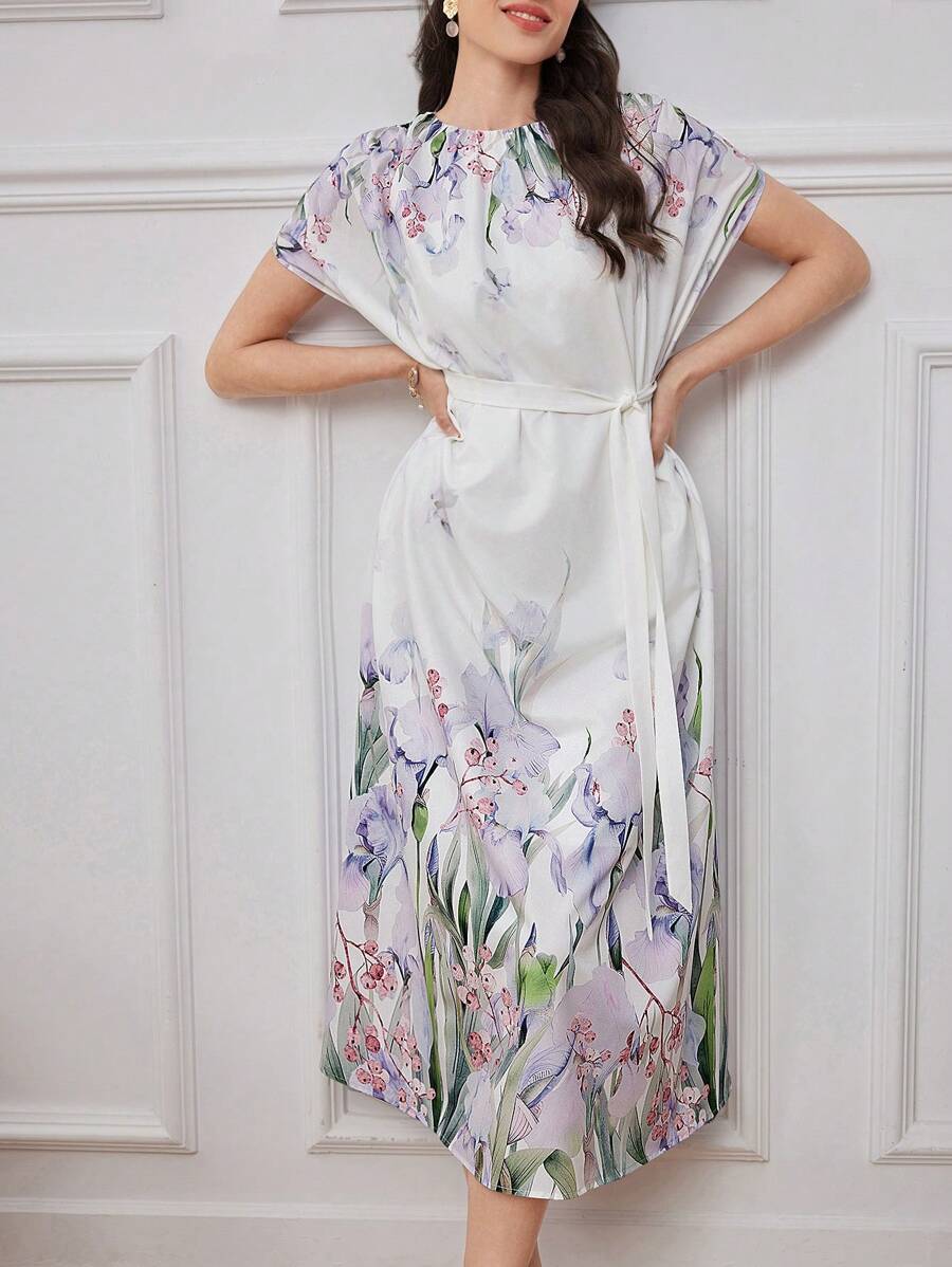 Seusyu 女士優雅花卉印花蝙蝠袖夏季連衣裙 - 白色 - 查看 1