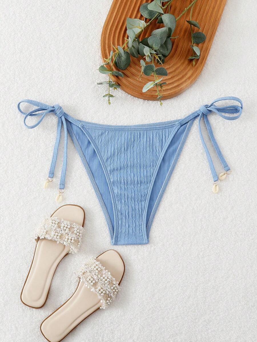 SHEIN Swim Bottom de bikini de moda minimalista para mujer con decoración de concha texturizada para el verano - Azul - Ver 1