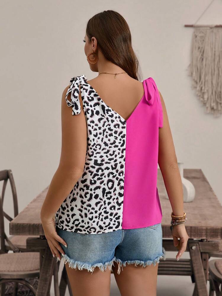 Plus Size Women's Fashion Color Block Leopard Print Loose Casual Tank Top