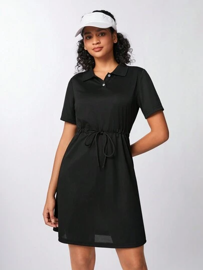 Gameset SHEIN Sport Women's Solid Color Drawstring Short Sleeve Sporty Romper Dress With Single Breasted Closure, Summer