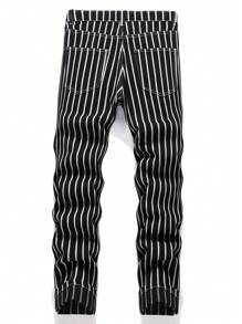Jeans rayados para hombres con corte ajustado y bolsillos, adecuados para uso diario y casual - Negro - Ver 2