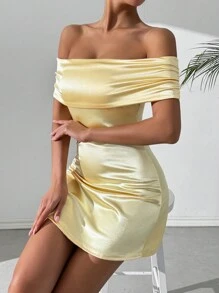 SHEIN Foxxy Đầm dự tiệc hở vai gợi cảm mini ngắn bằng vải satin trang phục dành cho nữ - Màu vàng - Xem 4