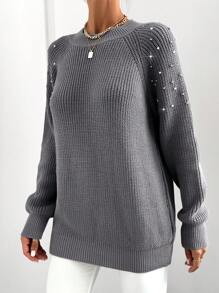 EURMUSE Suéter De Punto Con Mangas De Raglán Y Detalle De Perlas En Las Costuras - Gris - Ver 5