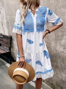 Breezaya 女士花邊修邊休閒圖形夏季連衣裙 - 杏色 - 查看 1