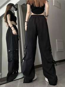 Women's Strap Pocket Cargo Pants - Black - View 2