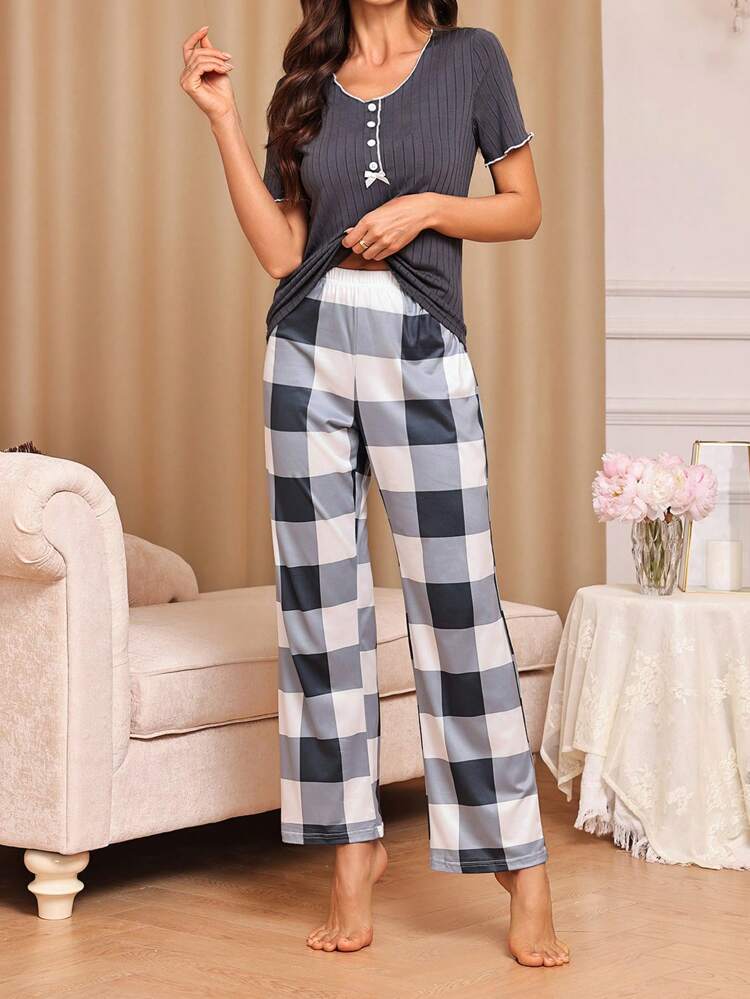 Women's Round Neck Hollow Out Short Sleeve Top And Plaid Pants Pajama Set