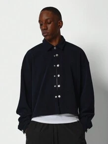 SUMWON Crop Fit Corduroy Button Through Shirt - Blue - View 1